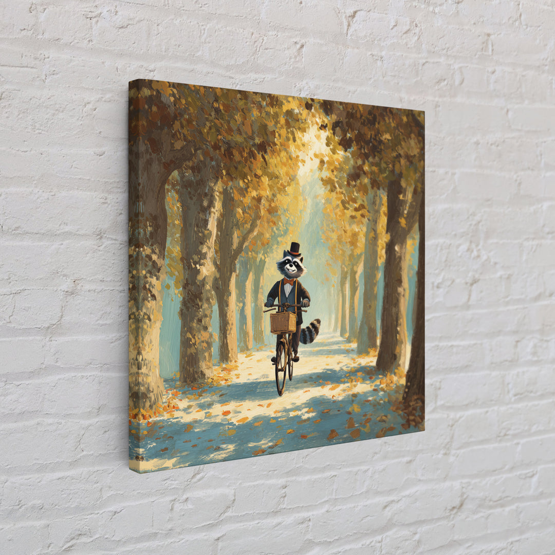 Whimsical Raccoon Riding Bicycle Wall Art, Cozy Autumn Woodland Animal Painting, Storybook Nursery Decor, Cute Kids Room Art