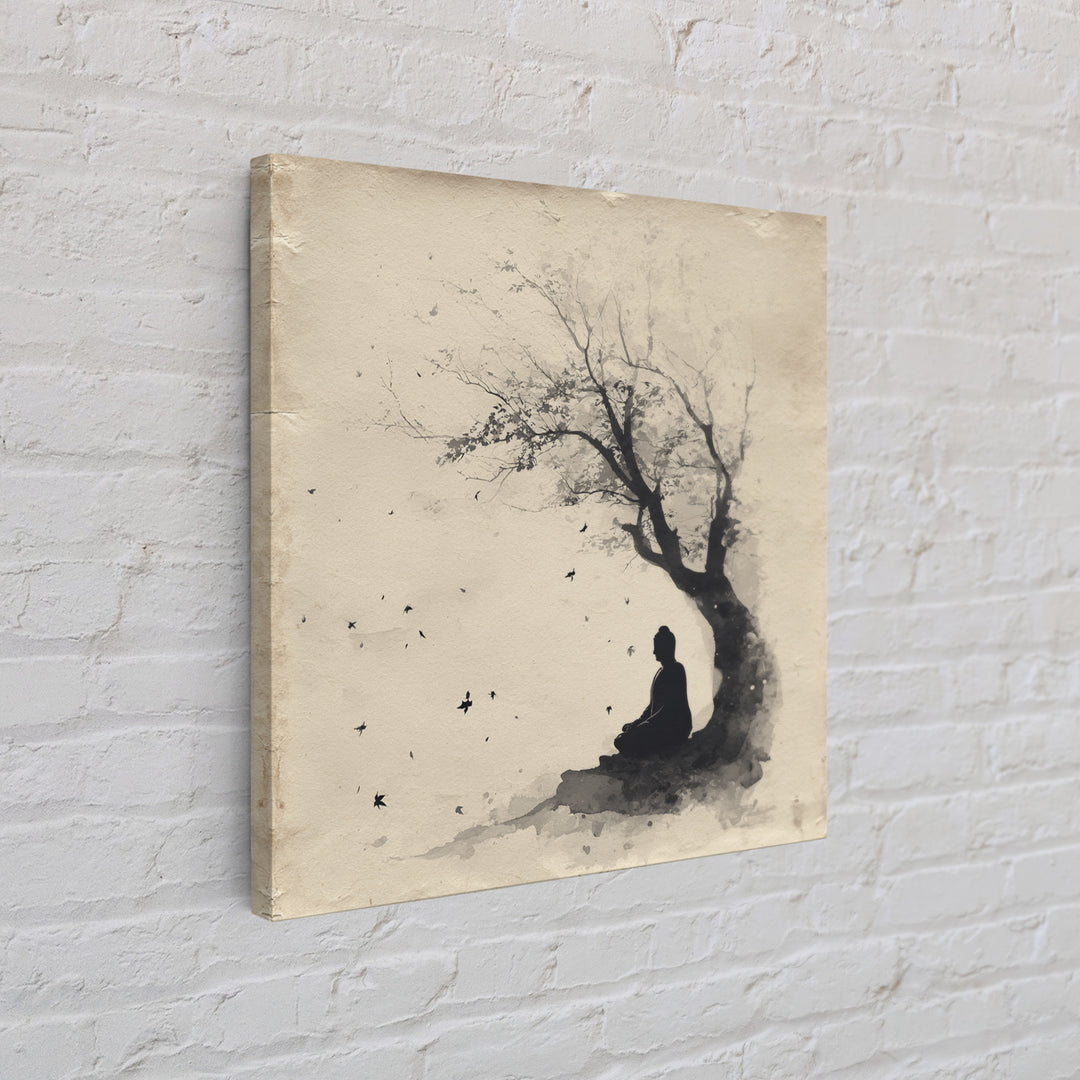 Calm Minimalist Ink Style Buddha Silhouette Under Tree Tranquil Wall Art Canvas Print Meditation Room Décor