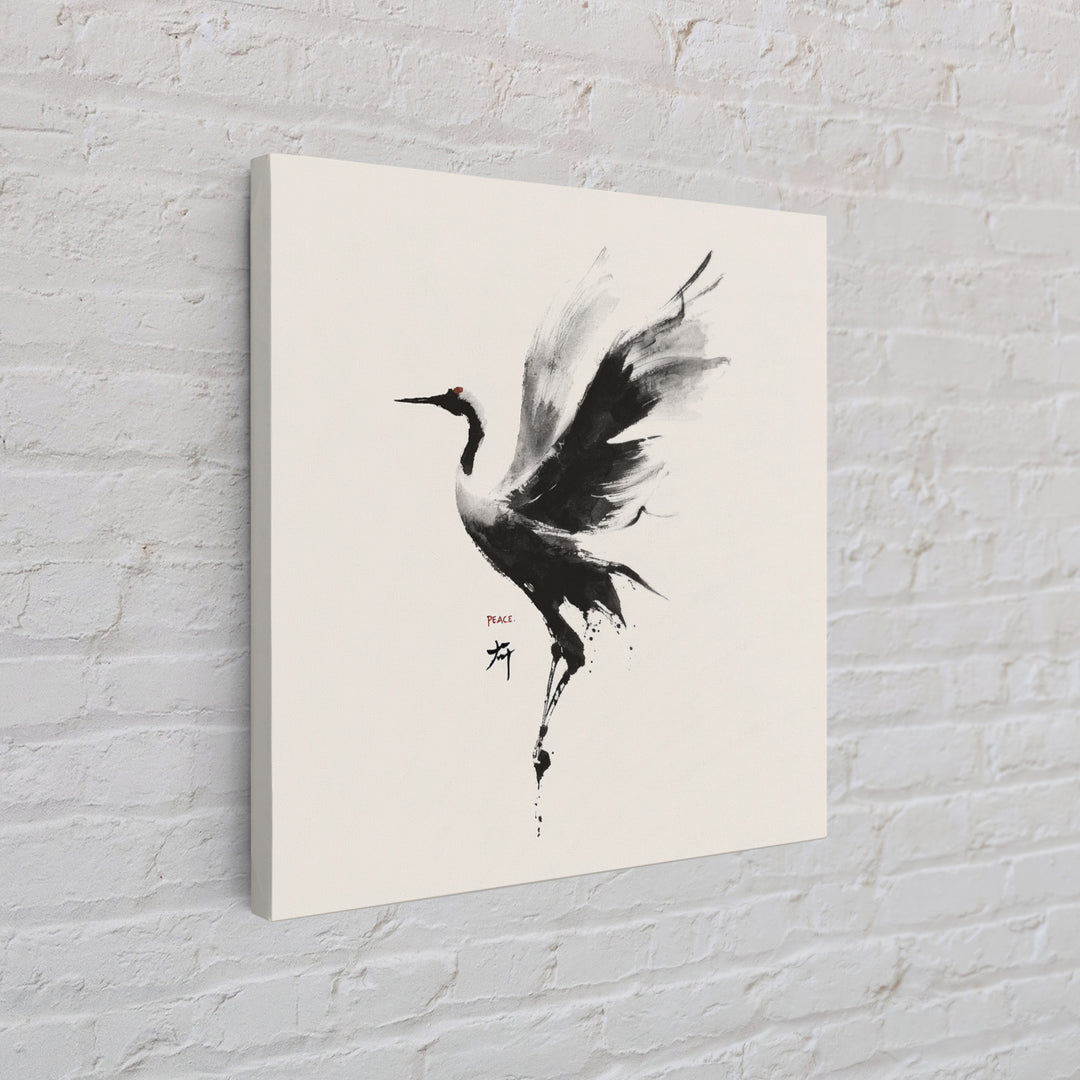 Japanese Ink Crane Bird Wall Art, Minimal Black And White Animal Canvas Print, Zen Japandi Home Decor