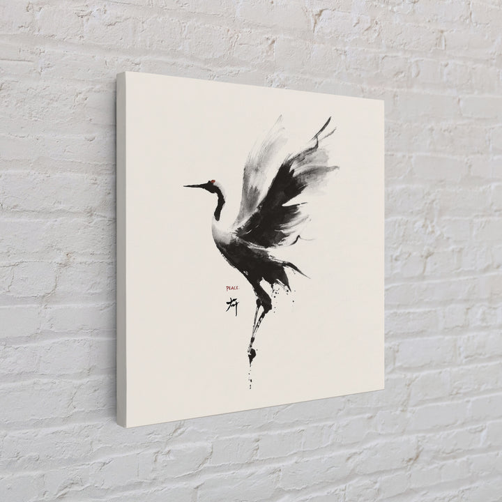 Japanese Ink Crane Bird Wall Art, Minimal Black And White Animal Canvas Print, Zen Japandi Home Decor