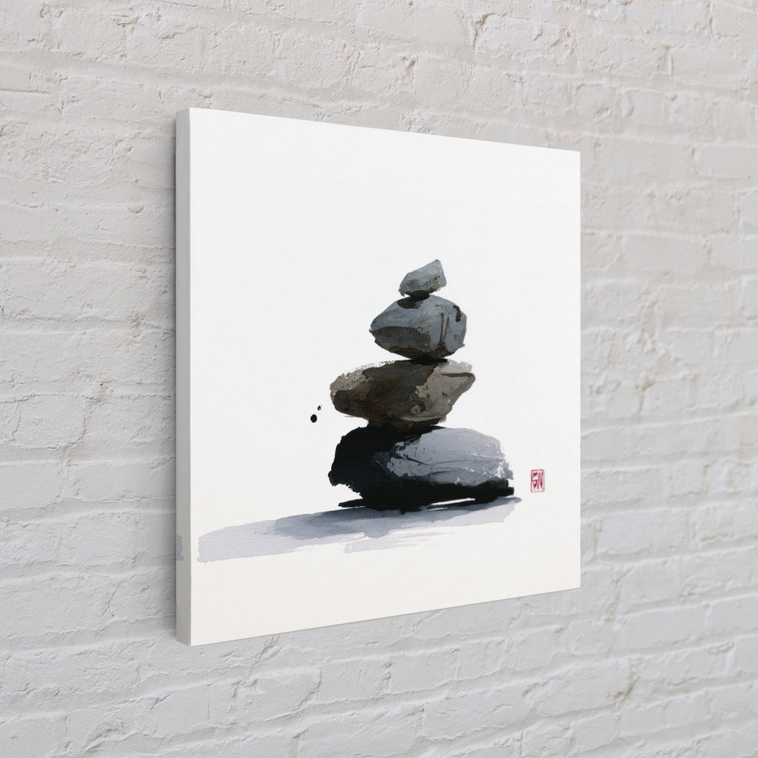 Minimal Zen Rock Stack Wall Art, Japanese Ink Stone Balance Canvas Print, Calm Japandi Home Decor