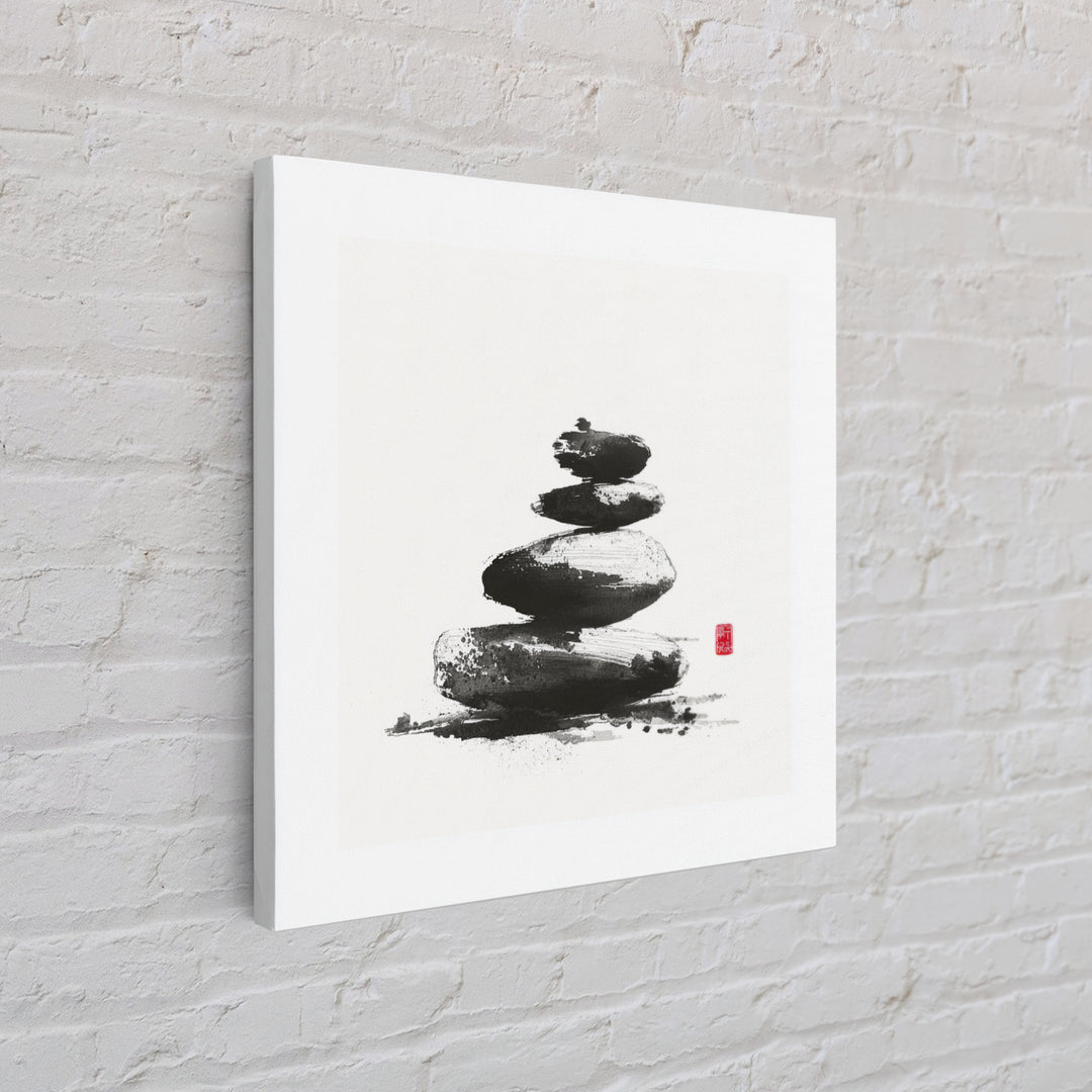 Zen Stone Stack Wall Art, Minimal Japanese Ink Rock Painting Canvas Print, Calming Spa Bathroom And Yoga Decor