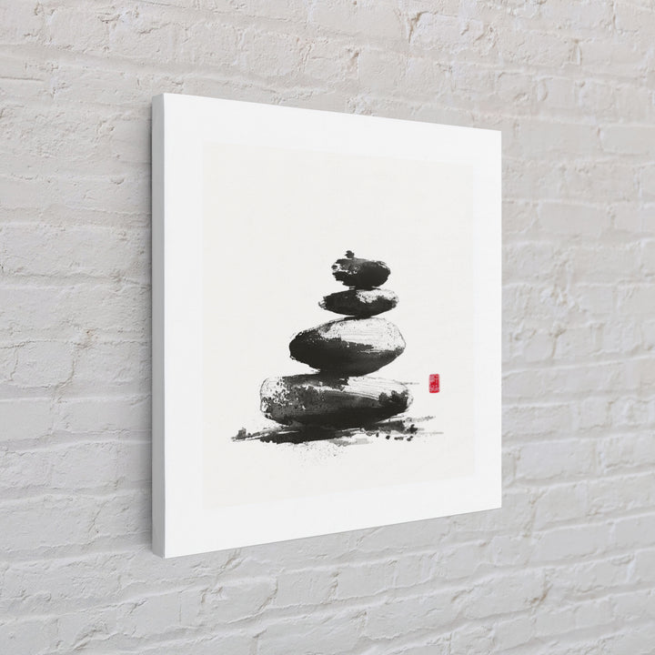 Zen Stone Stack Wall Art, Minimal Japanese Ink Rock Painting Canvas Print, Calming Spa Bathroom And Yoga Decor