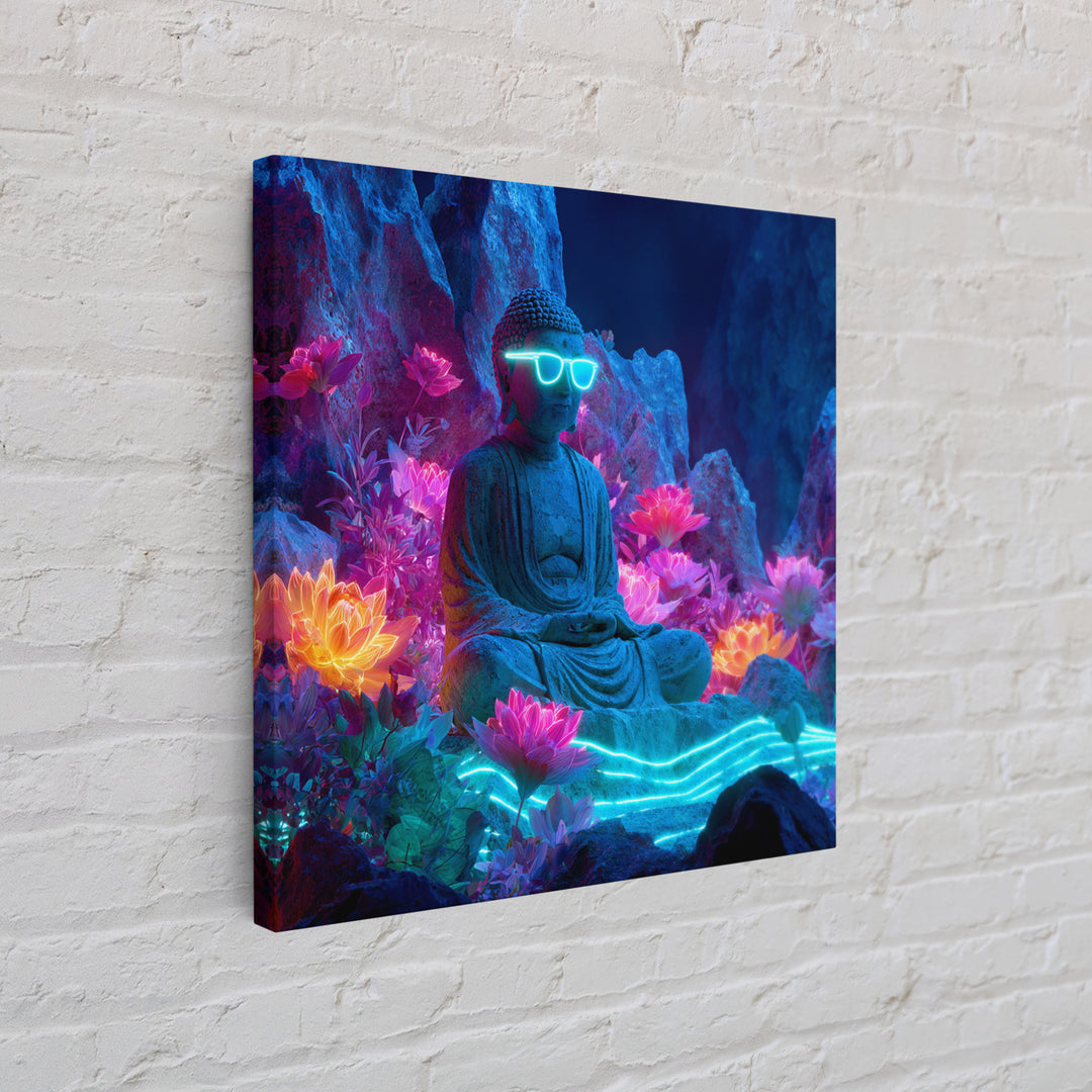 Neon Buddha Lotus Garden Canvas Print, Glowing Meditation Wall Art, Psychedelic Spiritual Decor For Yoga Room Or Boho Home