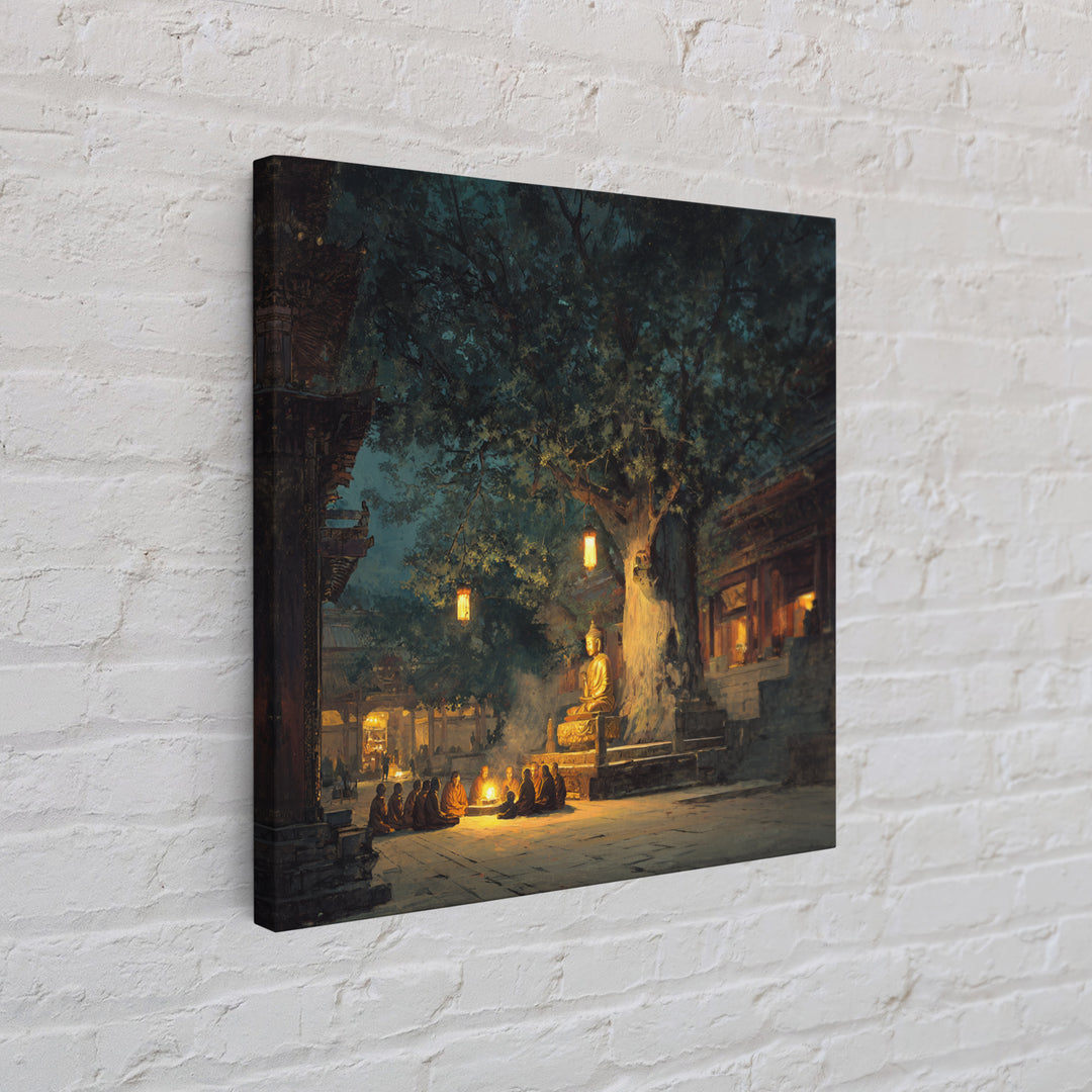 Moonlit Temple Gathering Wall Art, Mystical Night Buddha Landscape Canvas Print, Moody Spiritual Home Decor