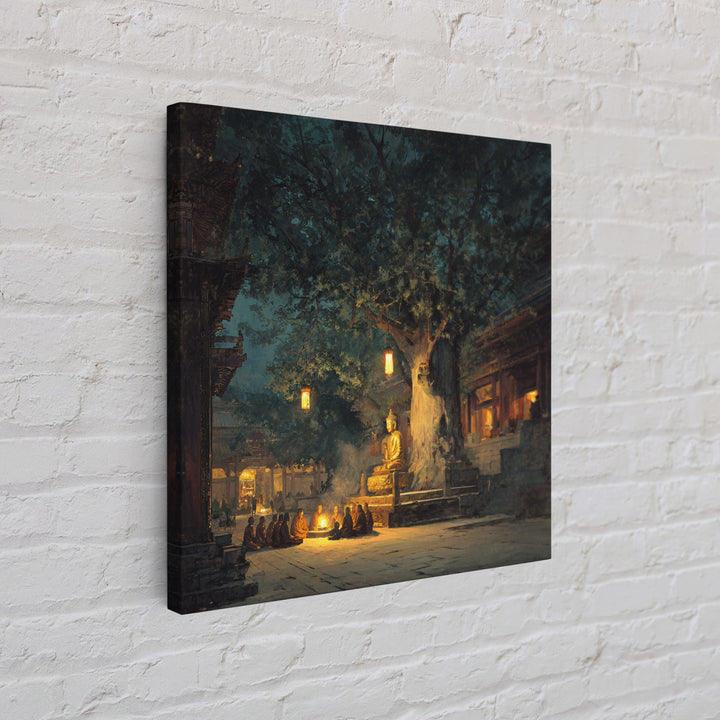 Moonlit Temple Gathering Wall Art, Mystical Night Buddha Landscape Canvas Print, Moody Spiritual Home Decor