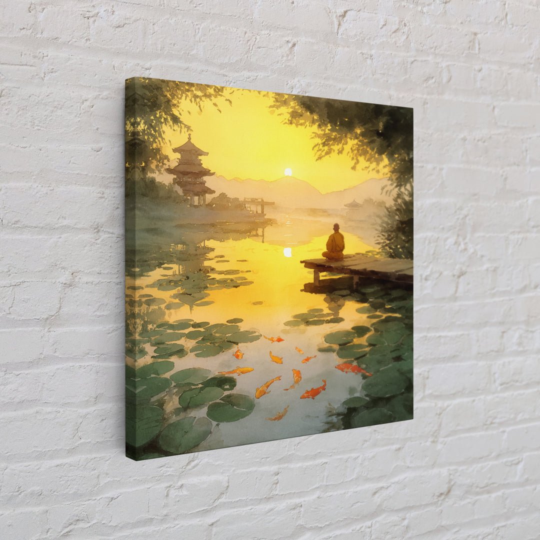 Golden Sunset Zen Lake With Koi And Temple Landscape Wall Art, Peaceful Japanese Decor Framed Canvas Print