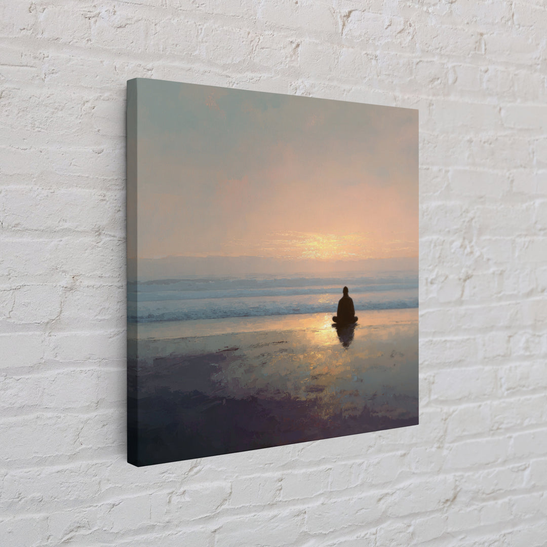 Meditation On Beach At Sunrise Wall Art, Minimalist Zen Seascape Canvas Print For Calming Bedroom Or Yoga Room Decor
