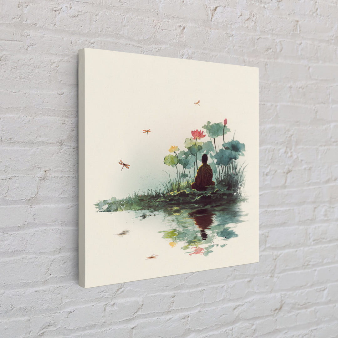 Meditation By Lotus Pond Wall Art, Peaceful Watercolor Landscape, Zen Mindfulness Decor, Yoga Studio Framed Canvas Print