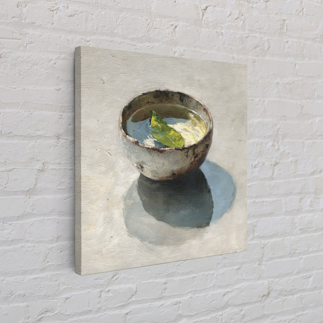 Rustic Tea Bowl Still Life Oil Painting Wall Art, Minimal Kitchen Decor, Neutral Modern Framed Canvas Print