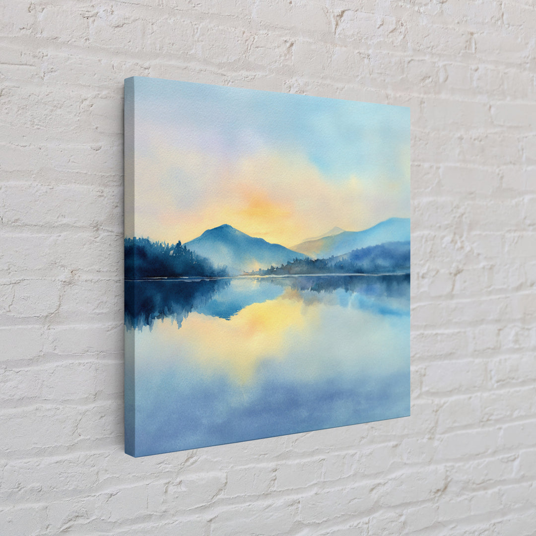 Soft Watercolor Mountain Lake Sunrise Wall Art, Calming Landscape Canvas Print, Serene Bedroom And Living Room Decor