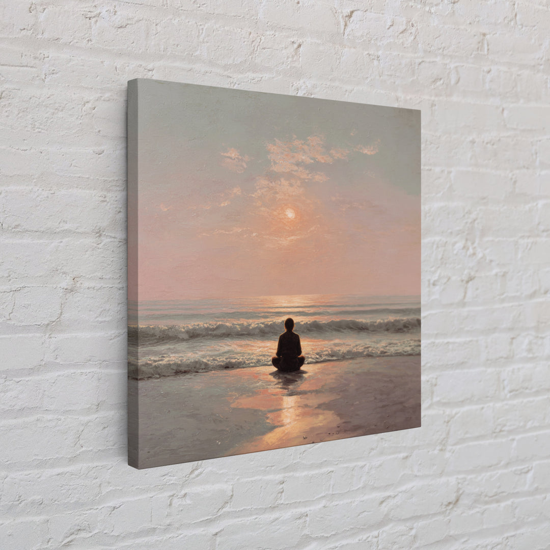 Sunset Beach Meditation Figure Wall Art, Serene Mindfulness Canvas Print, Calming Coastal Zen Bedroom Decor