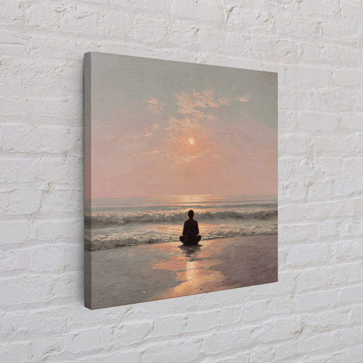 Sunset Beach Meditation Figure Wall Art, Serene Mindfulness Canvas Print, Calming Coastal Zen Bedroom Decor