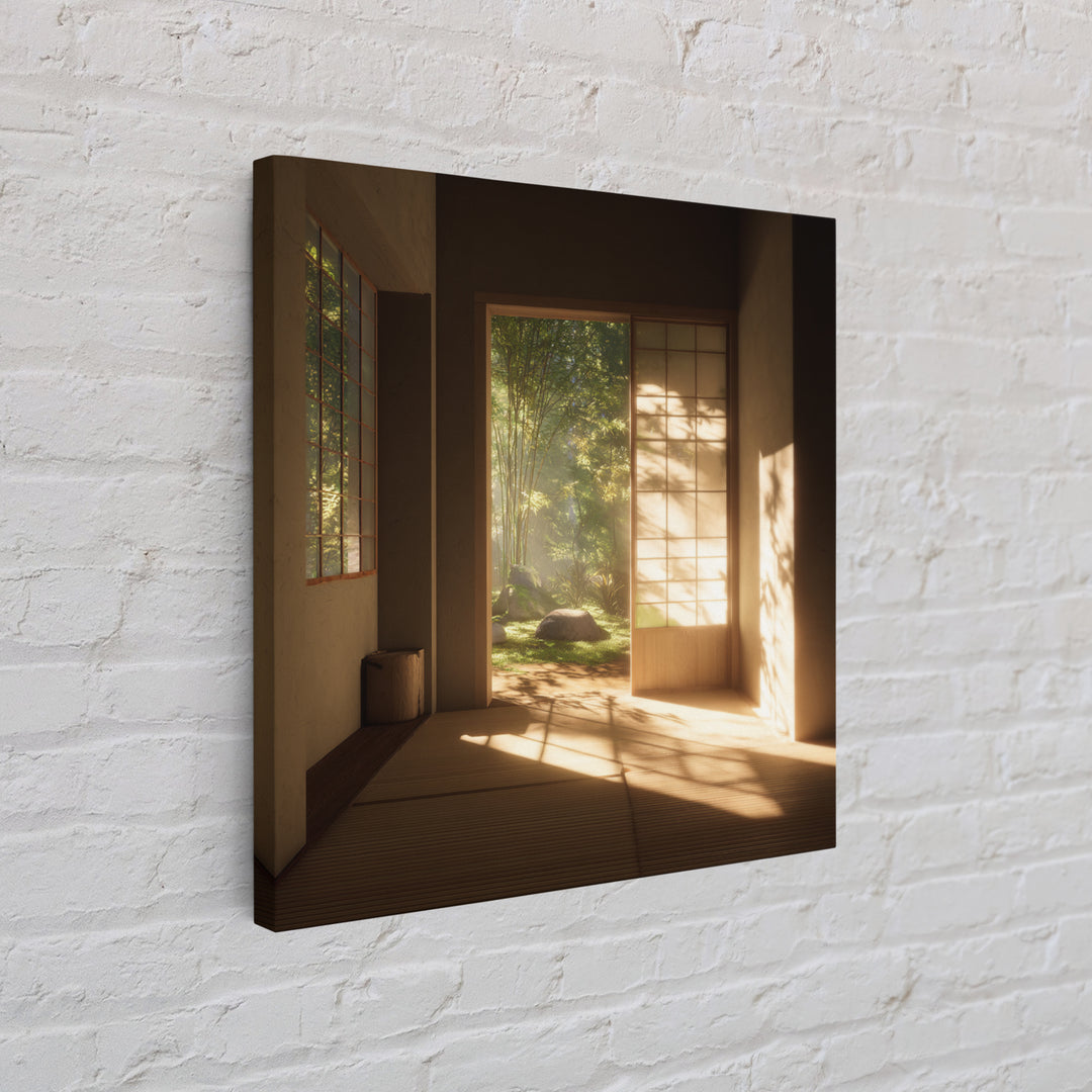 Minimal Japandi Zen Room With Garden View Wall Art, Serene Japanese Interior Framed Canvas Print