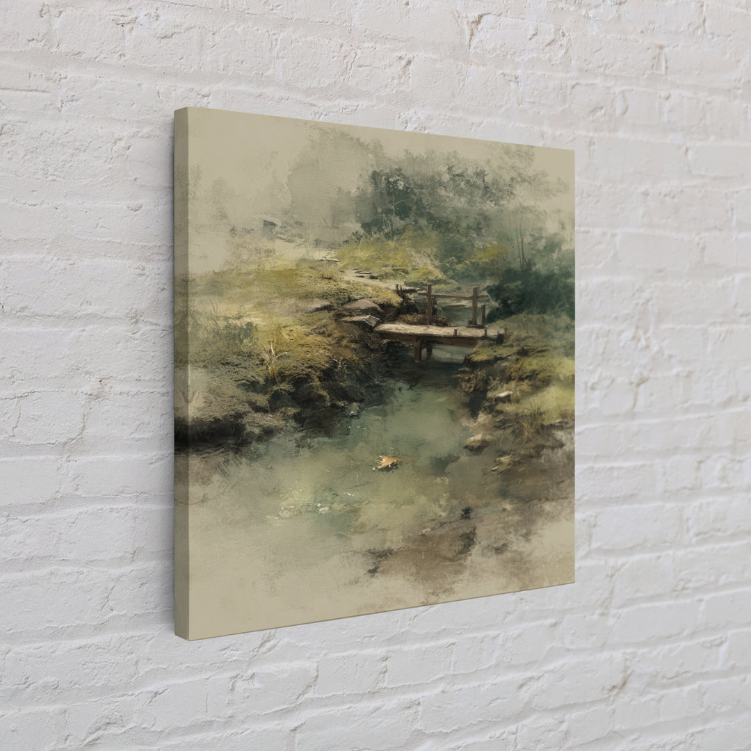 Misty Creek With Wooden Footbridge Watercolor Landscape Wall Art, Soft Nature Painting Print, Calming Home Decor Bedroom Art