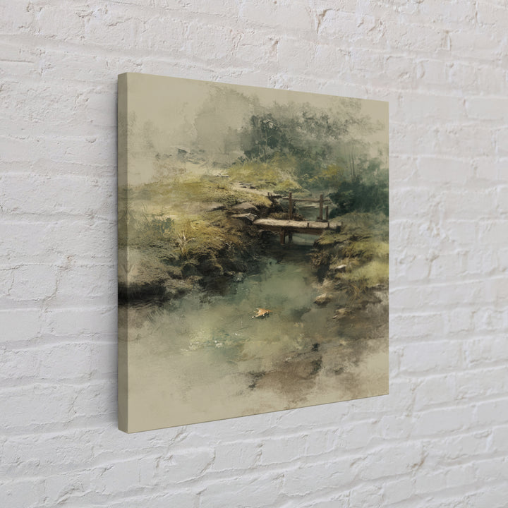 Misty Creek With Wooden Footbridge Watercolor Landscape Wall Art, Soft Nature Painting Print, Calming Home Decor Bedroom Art