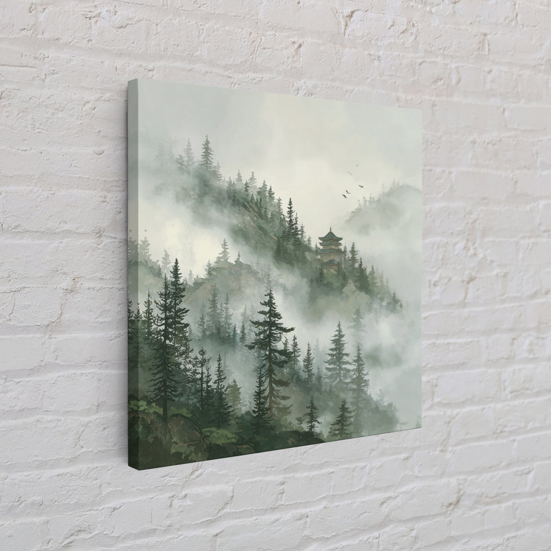 Misty Pine Forest With Distant Temple Painting Wall Art, Tranquil Mountain Landscape Print, Zen Japandi Nature Decor