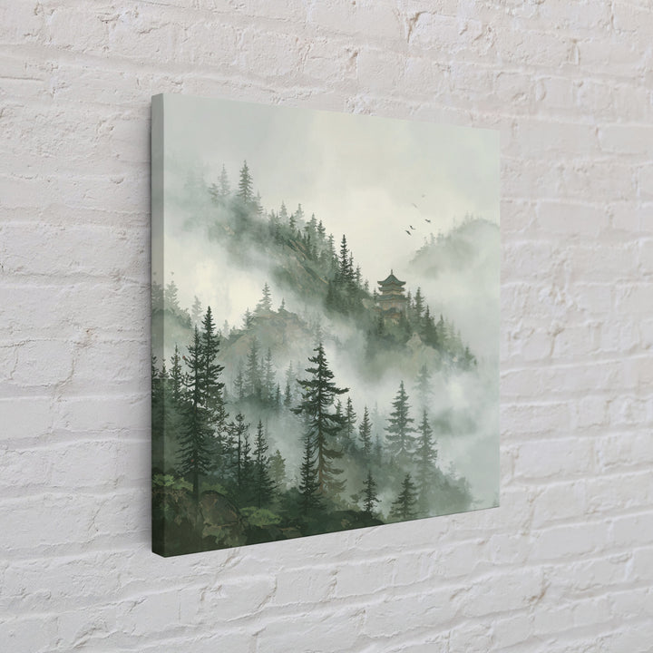 Misty Pine Forest With Distant Temple Painting Wall Art, Tranquil Mountain Landscape Print, Zen Japandi Nature Decor