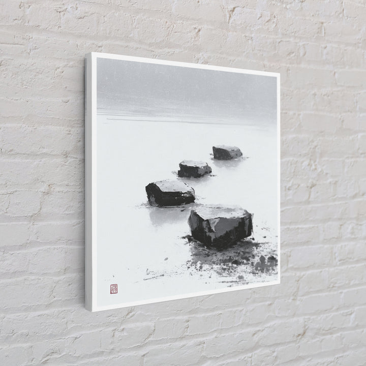 Minimal Zen Stepping Stones Wall Art, Black And White Japanese Canvas Print, Calming Wabi Sabi Decor For Home