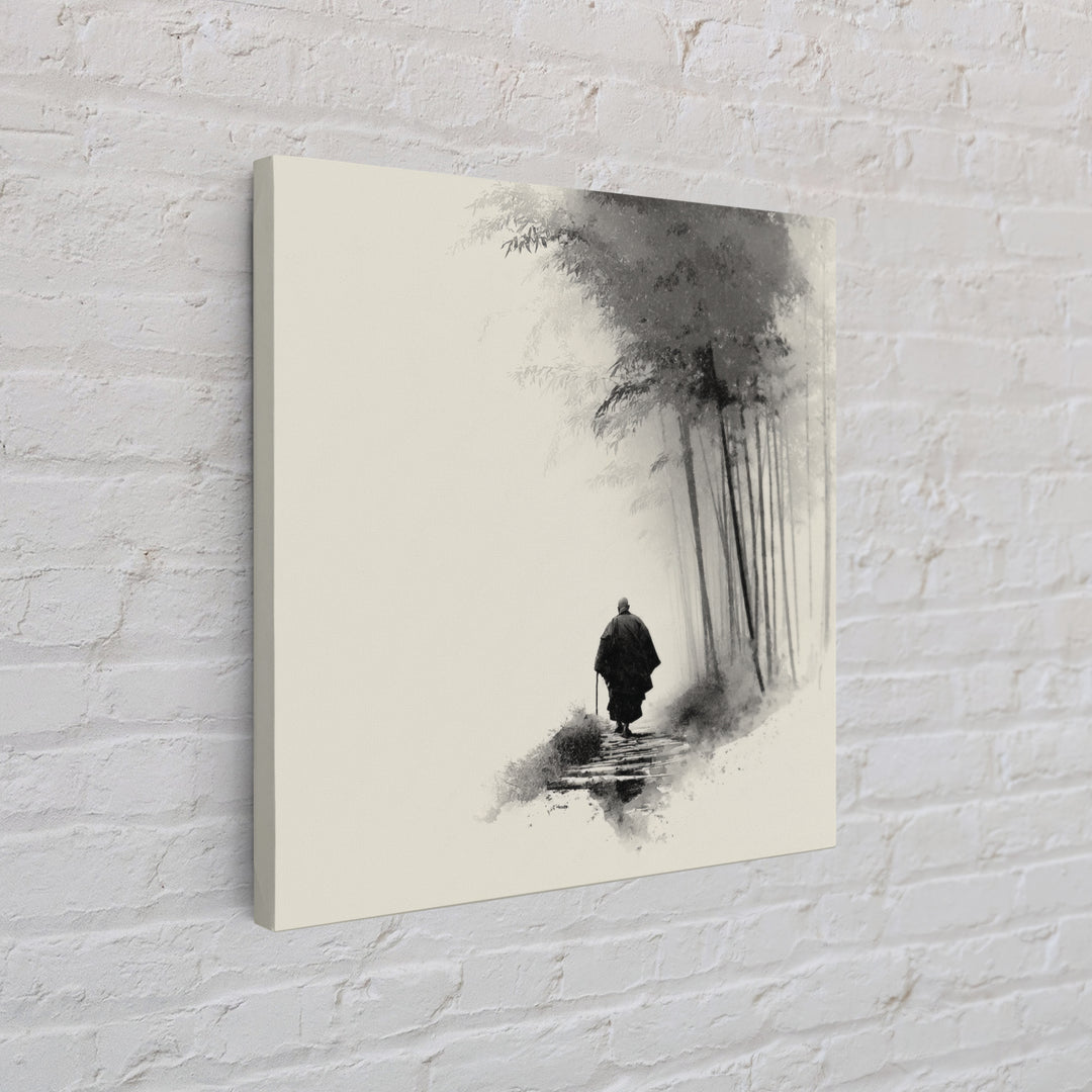 Minimalist Zen Monk Walking In Bamboo Fog Japanese Wall Art Black And White Print Japandi Decor Calming Wabi Sabi Artwork