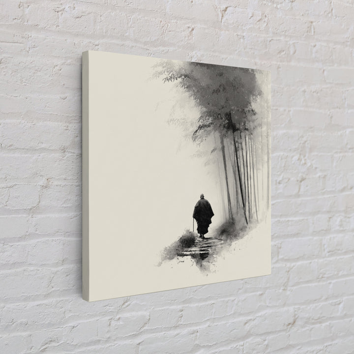 Minimalist Zen Monk Walking In Bamboo Fog Japanese Wall Art Black And White Print Japandi Decor Calming Wabi Sabi Artwork