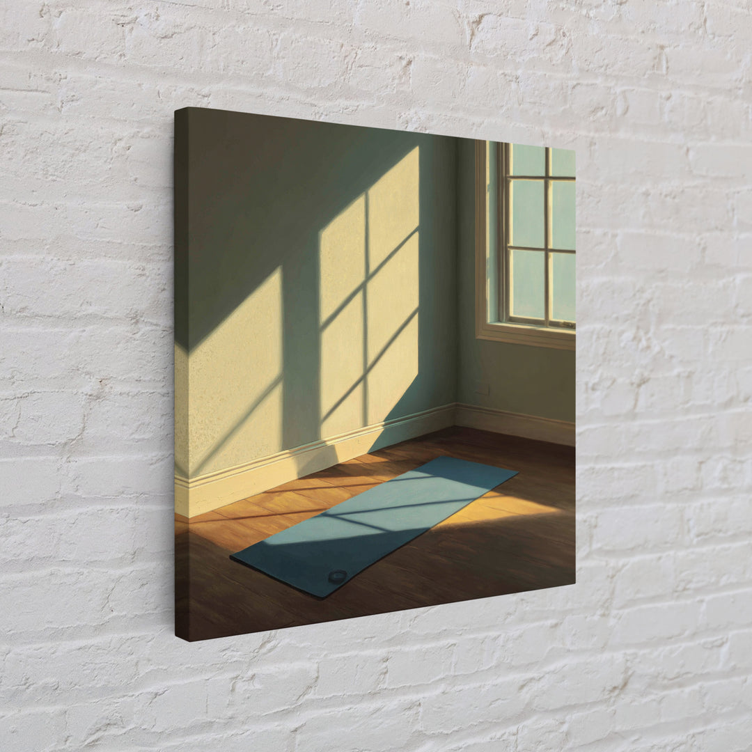 Minimal Sunlit Yoga Mat Wall Art, Serene Morning Light Framed Canvas Print, Mindful Home Decor, Zen Meditation Space