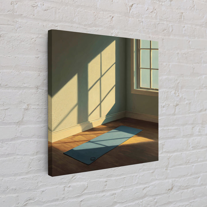 Minimal Sunlit Yoga Mat Wall Art, Serene Morning Light Framed Canvas Print, Mindful Home Decor, Zen Meditation Space