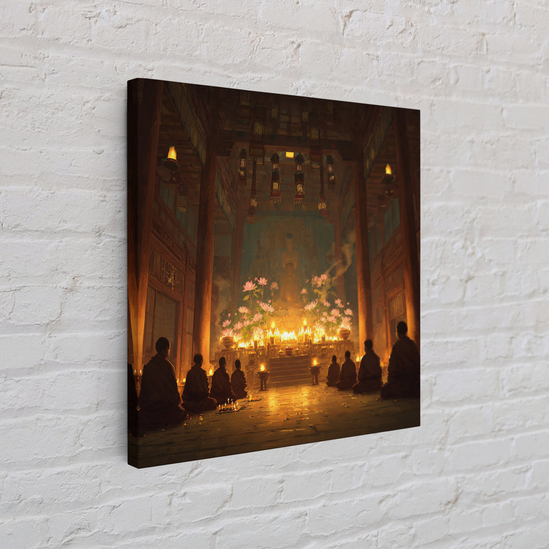 Golden Temple Meditation Wall Art, Monks And Candles Spiritual Print, Zen Decor, Calming Asian Inspired Artwork For Living Room Or Altar