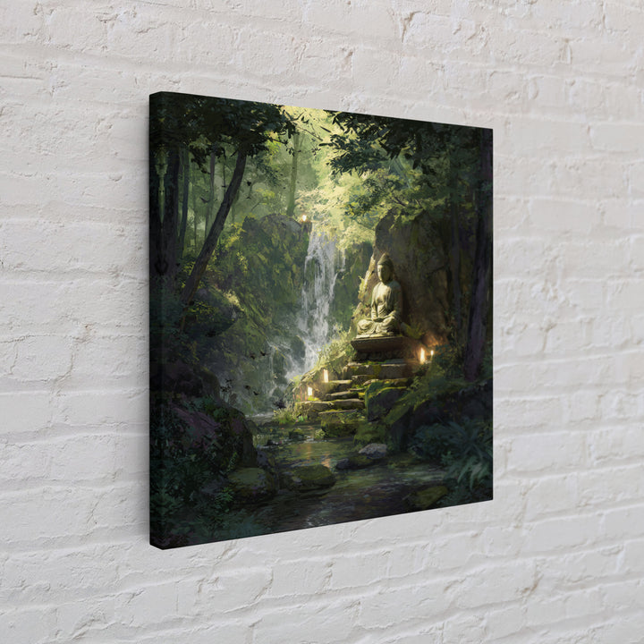 Zen Buddha By Forest Waterfall Wall Art, Tranquil Green Landscape Painting, Meditation Spiritual Decor, Calming Canvas Print