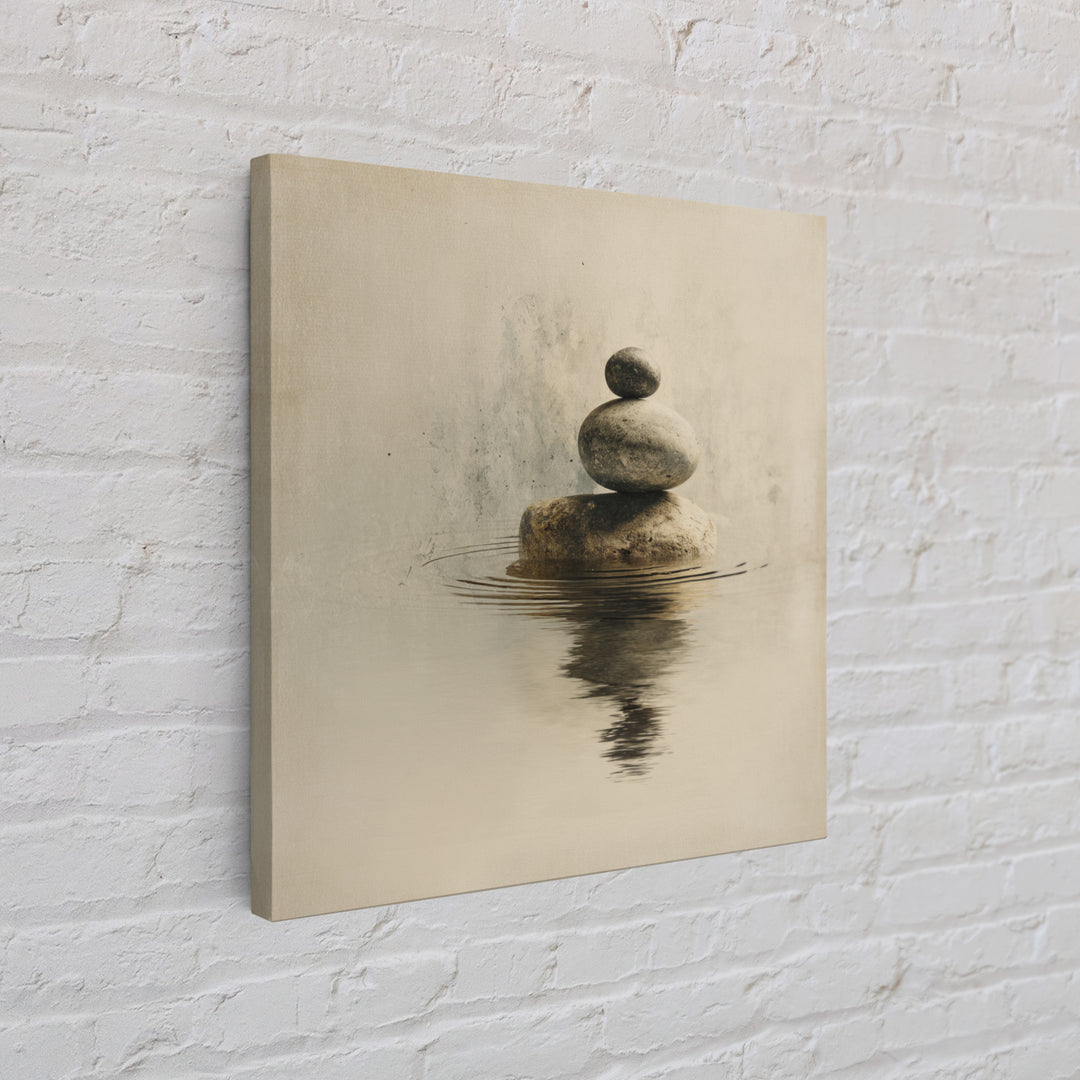 Minimal Zen Rock Stack In Still Water Wall Art, Neutral Japandi Canvas Print, Calming Wabi Sabi Decor For Modern Home