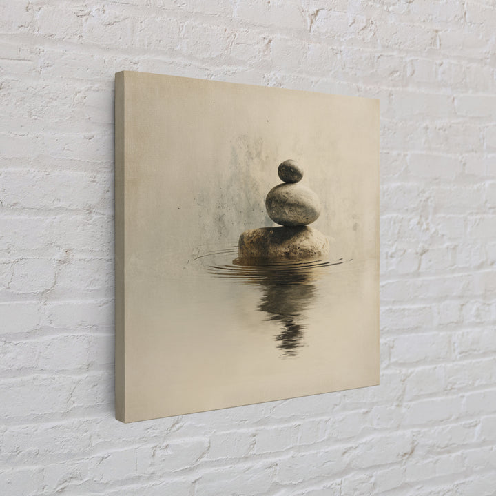 Minimal Zen Rock Stack In Still Water Wall Art, Neutral Japandi Canvas Print, Calming Wabi Sabi Decor For Modern Home