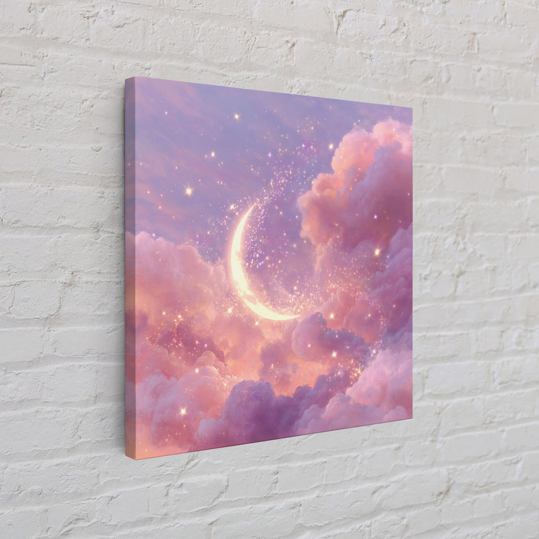 Glowing Crescent Moon In Pink Clouds Wall Art, Celestial Nursery Decor, Dreamy Space Art Print, Whimsical Bedroom Decor Gift