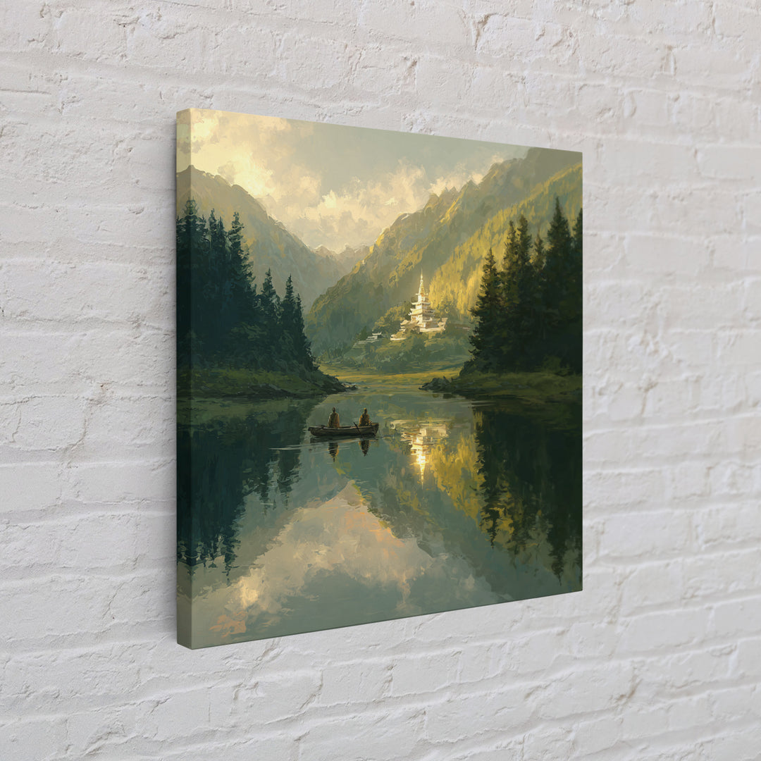 Misty Lake Temple Landscape Wall Art, Tranquil Boat Mountain Canvas Print, Serene Zen Nature Decor For Bedroom Or Living Room