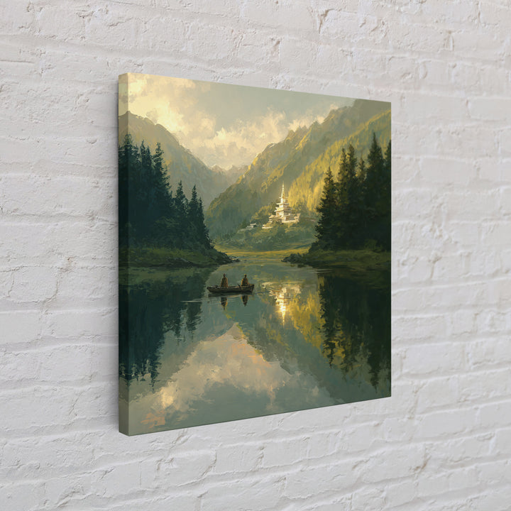 Misty Lake Temple Landscape Wall Art, Tranquil Boat Mountain Canvas Print, Serene Zen Nature Decor For Bedroom Or Living Room