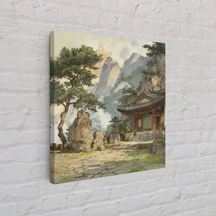 Japanese Landscape With Traditional Temple And Pine Trees Vintage Style Wall Art Framed Canvas Print