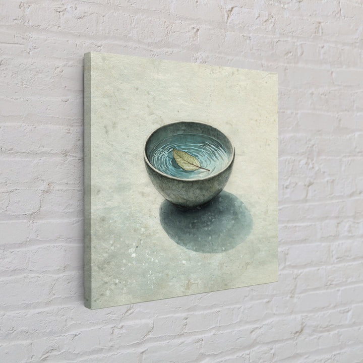 Minimal Tea Bowl With Floating Leaf Watercolor Wall Art, Wabi Sabi Zen Canvas Print, Serene Japanese Inspired Decor