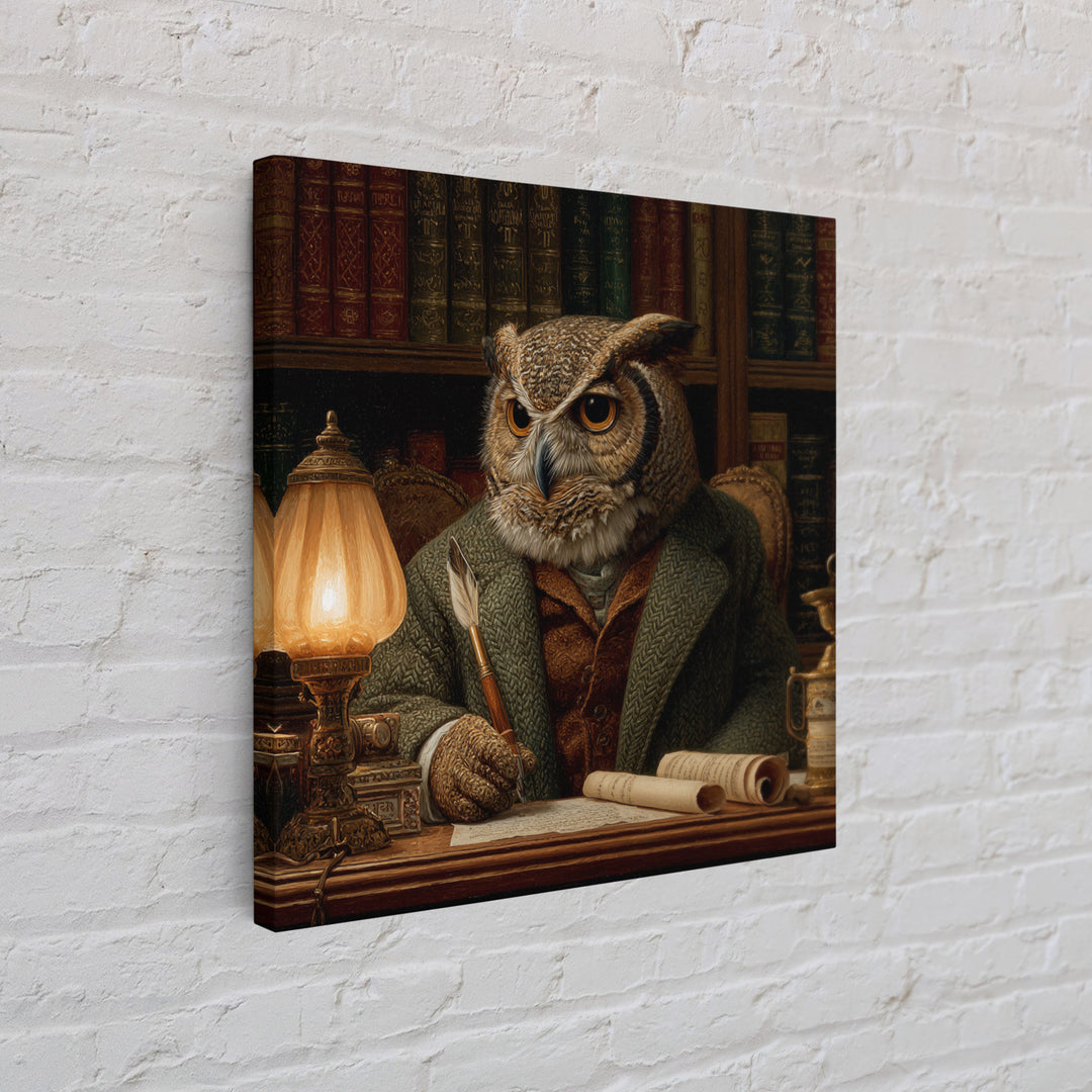 Scholar Owl In Antique Library Canvas Print, Whimsical Animal Wall Art, Dark Academia Office Decor, Book Lover Gift For Readers