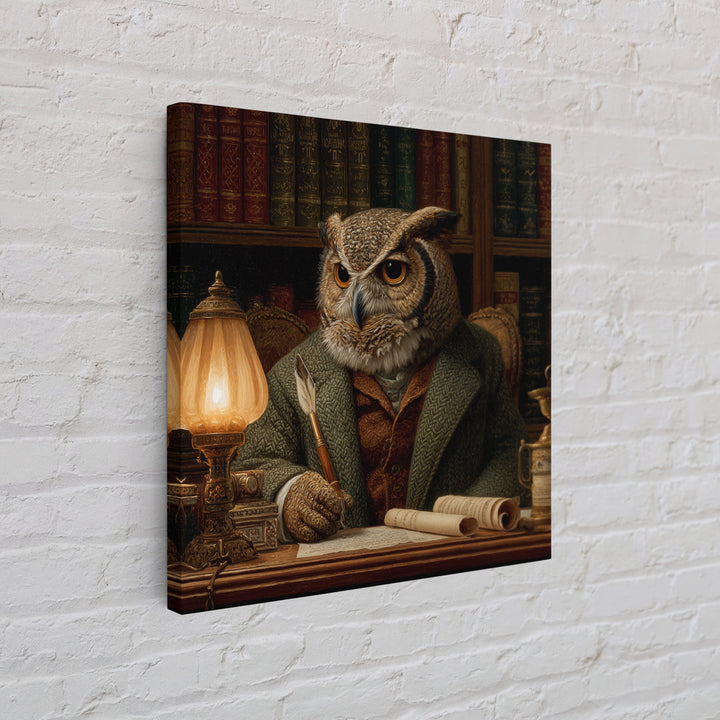 Scholar Owl In Antique Library Canvas Print, Whimsical Animal Wall Art, Dark Academia Office Decor, Book Lover Gift For Readers