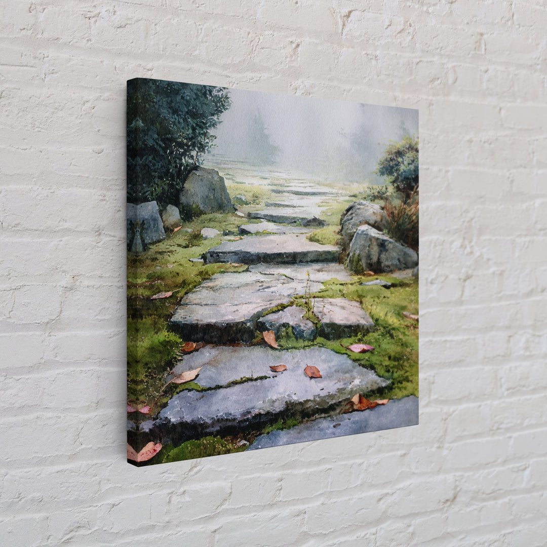 Misty Stone Garden Path Watercolor Wall Art, Serene Landscape Painting, Zen Home Decor, Wabi Sabi Neutral Canvas Print