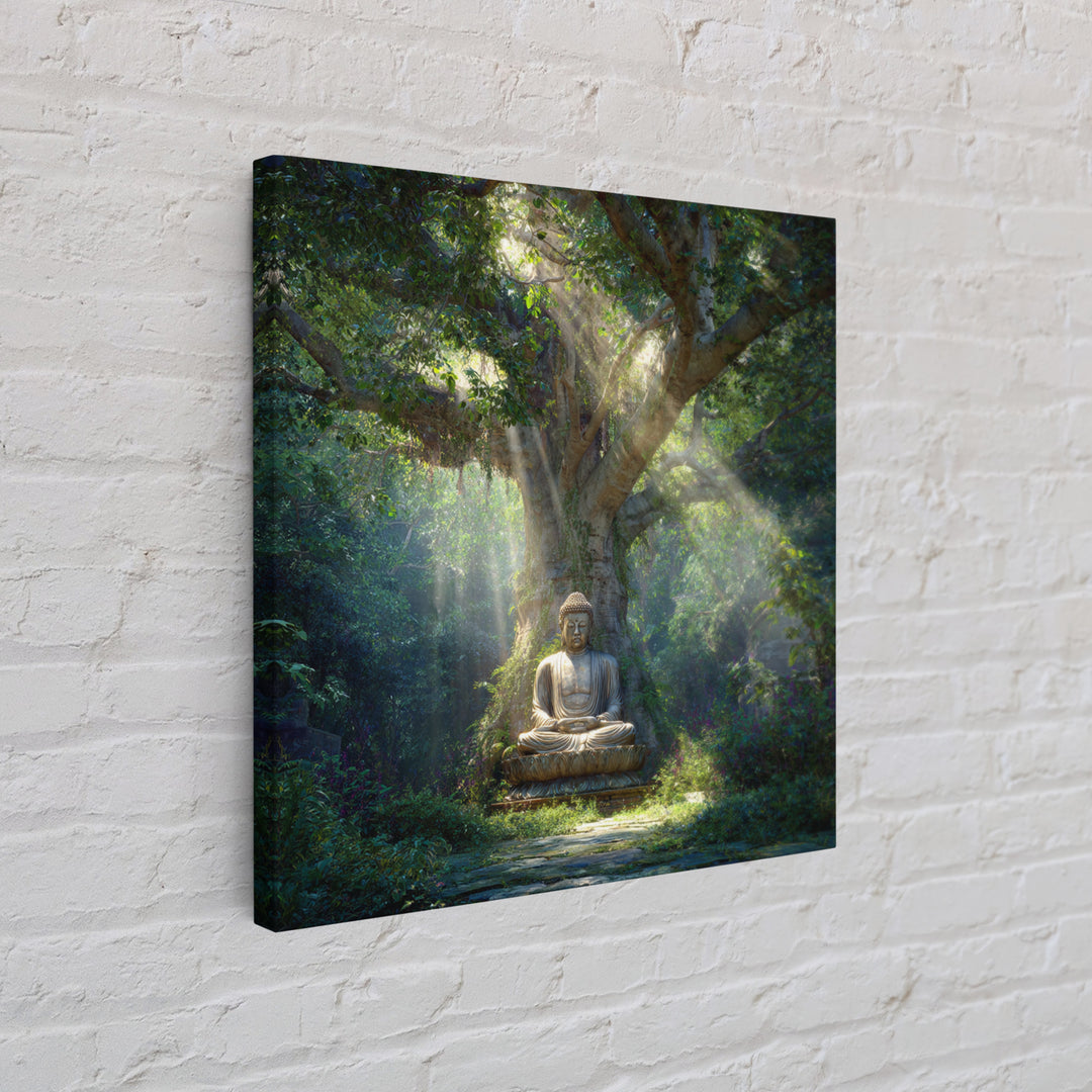 Serene Forest Buddha Statue Under Sacred Tree Wall Art Spiritual Nature Canvas Print Zen Meditation Room Decor Calming Artwork
