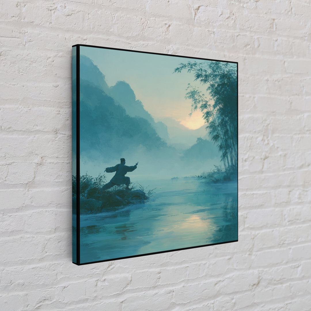 Martial Artist By Misty River At Sunrise Wall Art, Serene Zen Landscape Canvas Print, Calming Nature Home Decor Painting