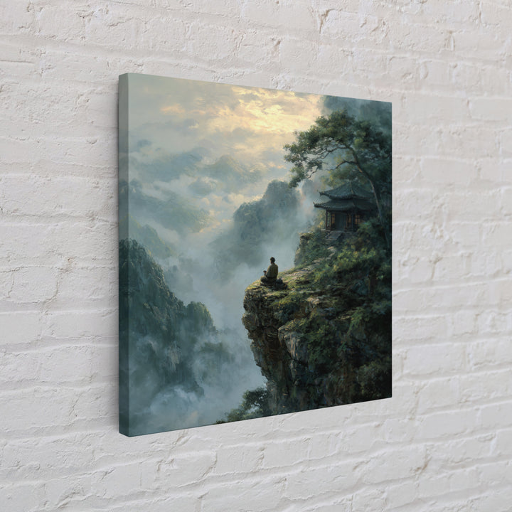 Zen Monk On Mountain Cliff Landscape Wall Art, Meditative Nature Canvas Print, Japanese Style Calming Home Decor