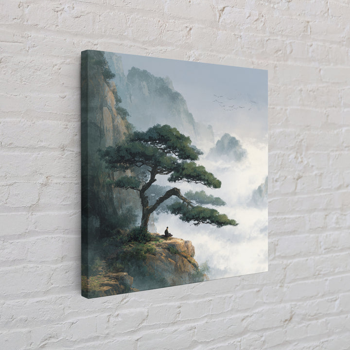Zen Mountain Meditation Landscape Wall Art, Serene Nature Painting, Calming Japandi Style Canvas Print For Home Decor