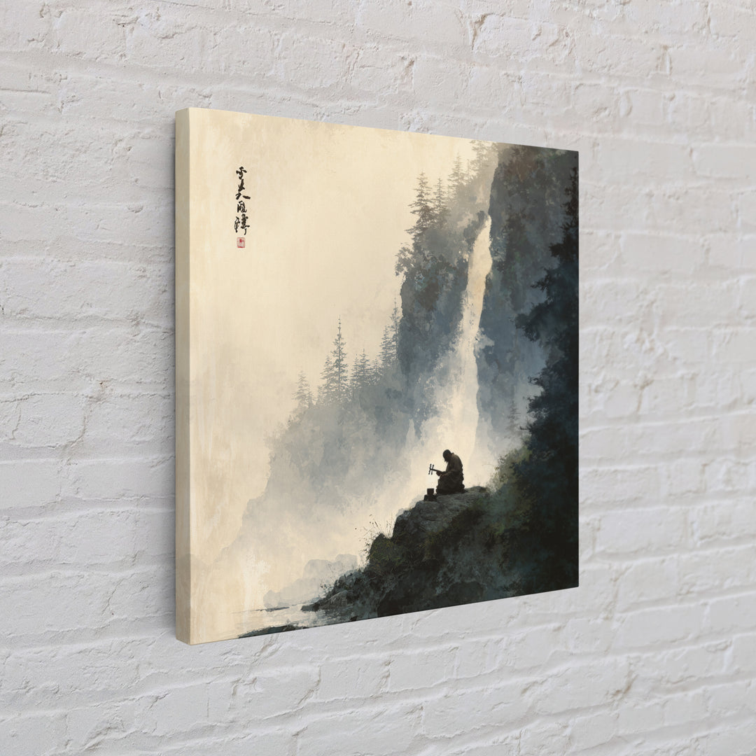 Meditating Monk By Waterfall Landscape Wall Art, Tranquil Zen Mountain Print, Japanese Inspired Nature Canvas Print