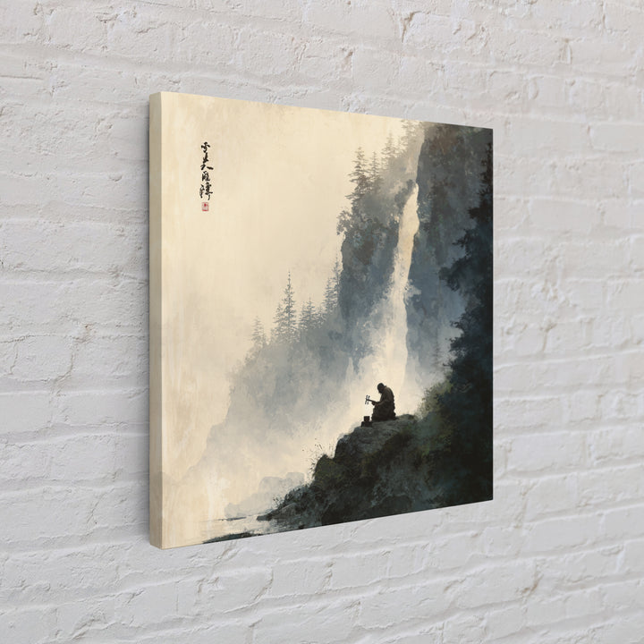 Meditating Monk By Waterfall Landscape Wall Art, Tranquil Zen Mountain Print, Japanese Inspired Nature Canvas Print