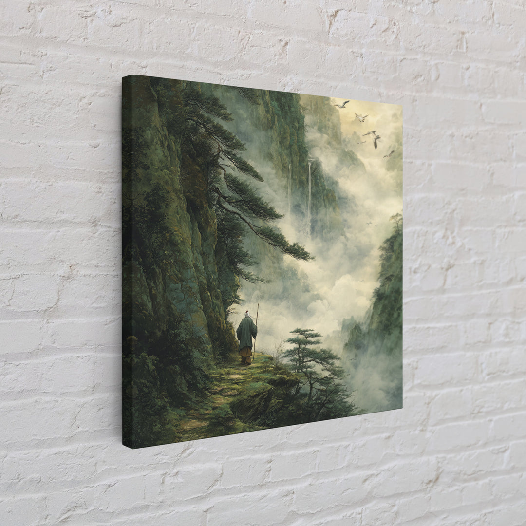 Misty Mountain Path Wanderer Wall Art, Tranquil Fantasy Landscape Painting Print, Zen Nature Home Decor Canvas Print