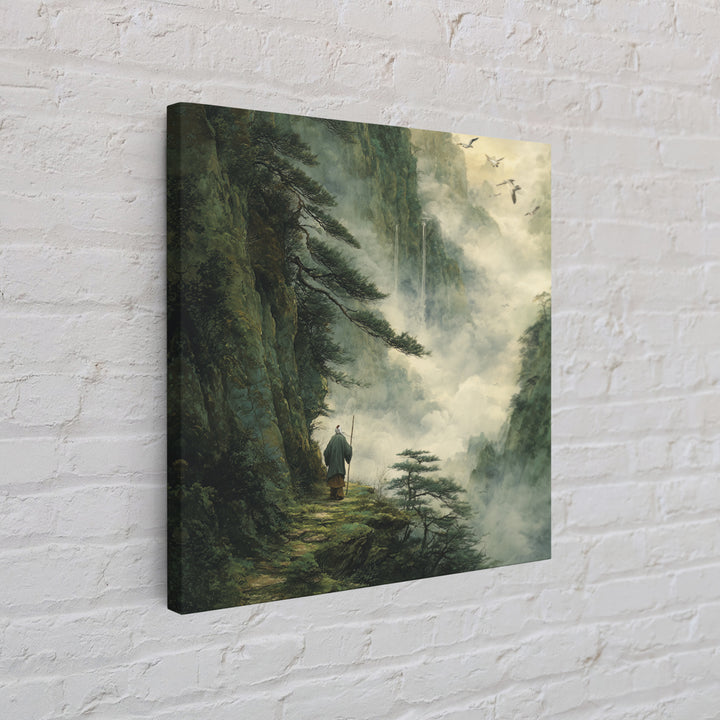 Misty Mountain Path Wanderer Wall Art, Tranquil Fantasy Landscape Painting Print, Zen Nature Home Decor Canvas Print