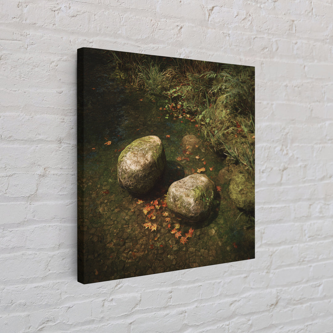 Zen River Stones With Autumn Leaves Wall Art, Tranquil Nature Landscape Canvas Print, Minimalist Forest Creek Decor For Spa Or Bedroom