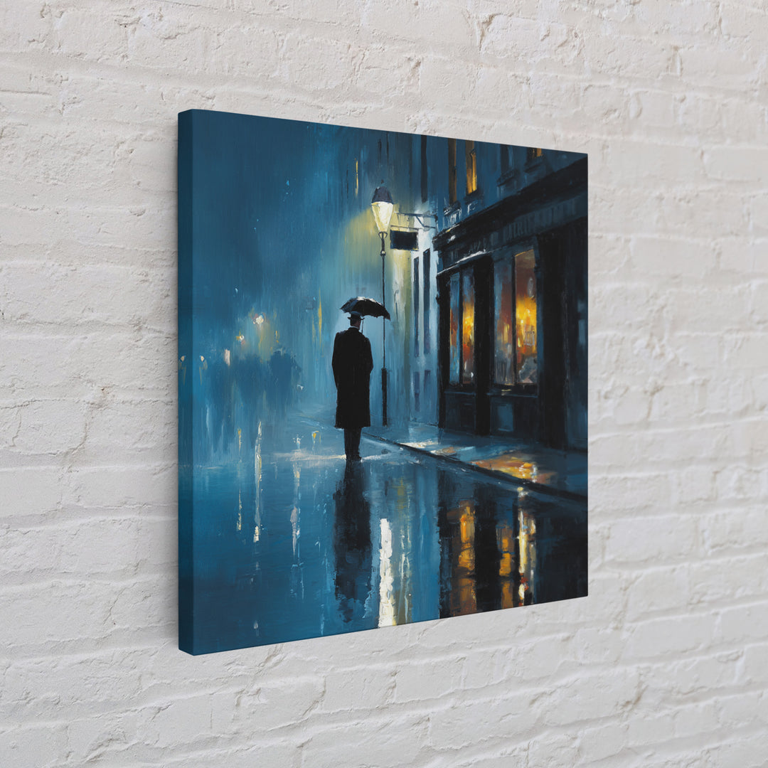 Rainy Blue City Street With Umbrella Canvas Print, Moody Urban Wall Art, Paris Cafe Decor, Romantic Bedroom Living Room Decor
