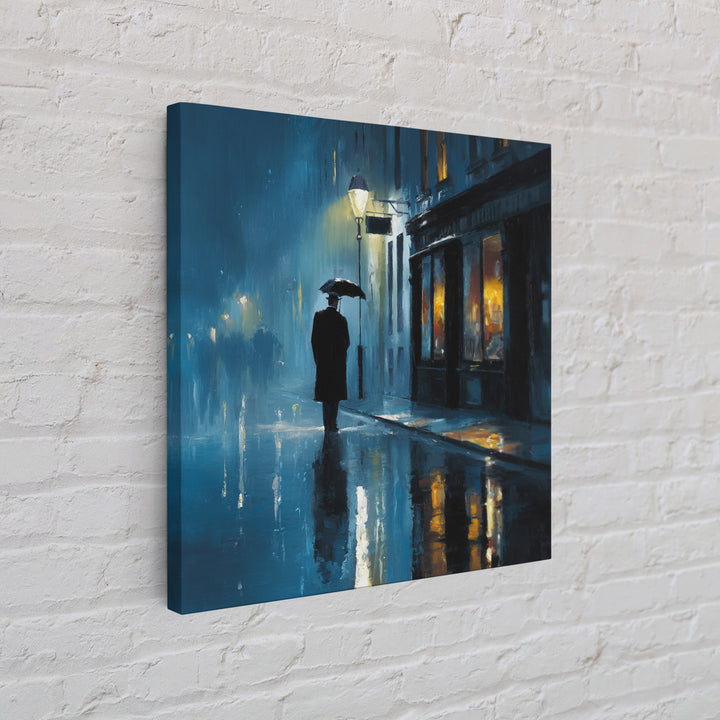 Rainy Blue City Street With Umbrella Canvas Print, Moody Urban Wall Art, Paris Cafe Decor, Romantic Bedroom Living Room Decor